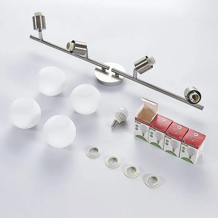 Lindby Deckenleuchte Elaina - alu / grau / zink, E14 - Gebürsteter Metall-4-Flammen-Deckenspot mit vier mattierten Glaskugelschirmen und E14 LED-Leuchtmitteln.