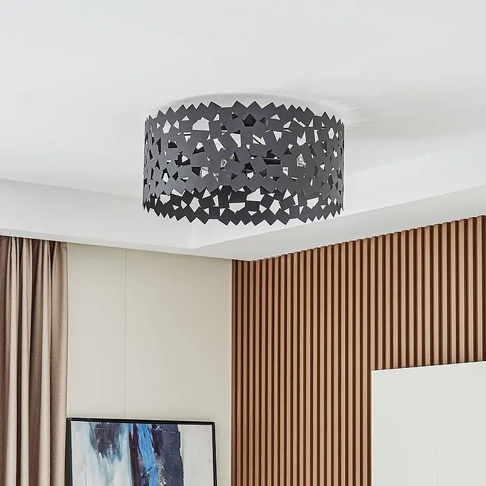 Lucande Deckenleuchte Aeloria - L x B x H: 50 x 50 x 21,6 cm, schwarz, E27 - Dunkelgraue Deckenleuchte aus Metall mit geometrischem Aussparungsmuster.