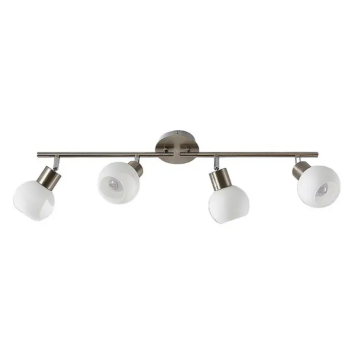 Lindby Deckenleuchte Elaina - alu / grau / zink, E14 - Vierflammiger Schienenstrahler mit gebürstetem Nickel-Finish und weißen satinierten Glasschirmen.