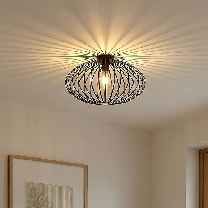 Lindby Deckenleuchte Maivi - L x B x H: 50 x 50 x 28,5 cm, schwarz, E27 - Schwarze Deckenleuchte aus Metallgeflecht mit Glühbirne, wirft radiale Schatten an die Decke.