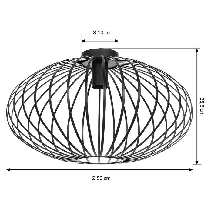 Lindby Deckenleuchte Maivi - L x B x H: 50 x 50 x 28,5 cm, schwarz, E27 - Schwarzer ovaler Deckenlampenschirm aus Metalldraht mit Maßen.