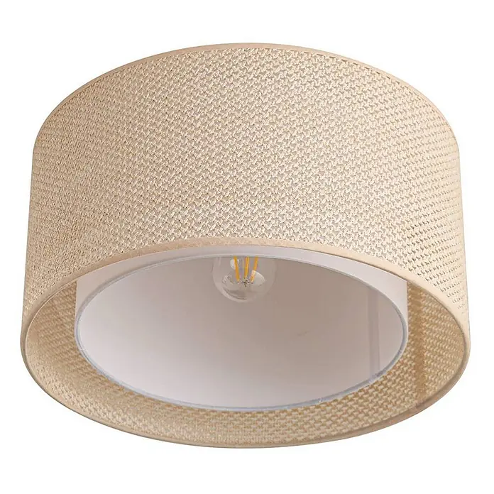 Lindby Deckenleuchte Soula - creme / amber, E27 - Zylindrische Deckenleuchte mit beigem, gewebtem Stoffschirm und weißem Inneren, mit sichtbarer LED-Glühbirne.