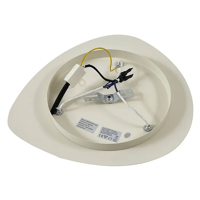 Lindby Deckenlampe in beige, hellgrün, Deckenleuchte -  - Die cremefarbene Metallrückseite einer Deckenleuchte mit Verkabelung, Klemme und Montagehalterung.