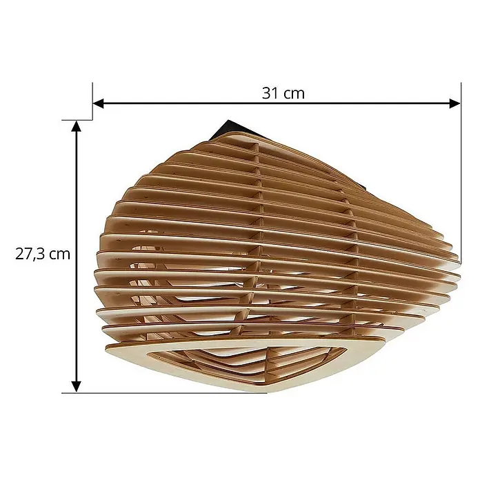 Lindby Deckenleuchte Sanza - L x B x H: 46 x 50 x 27,5 cm, schwarz, Holz hell, E27 - Deckenlampe aus hellbraunem Holz mit Lamellen, 31 cm breit, 27,3 cm hoch.
