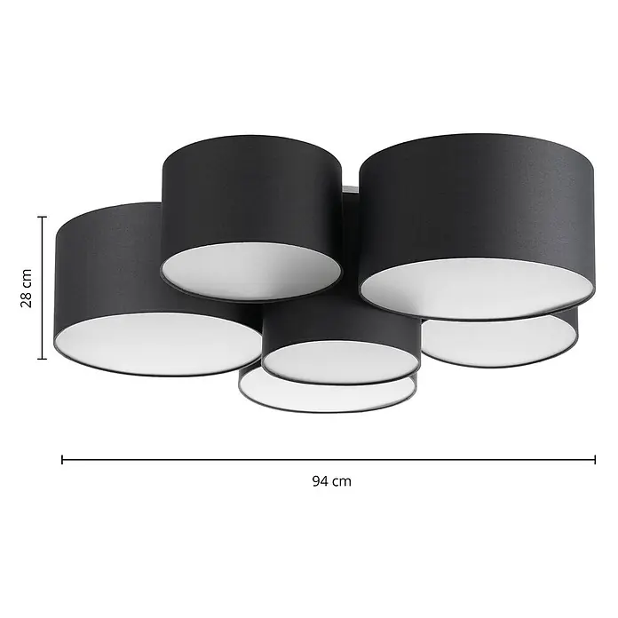 Lindby Deckenleuchte Maureka - schwarz, E27 - Moderne schwarze Stoff-Deckenleuchte mit mehreren zylindrischen Schirmen und weißer Innenseite. Maße: 94x28 cm.