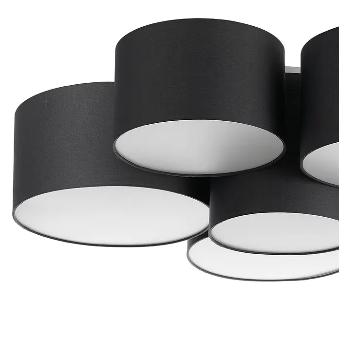 Lindby Deckenleuchte Maureka - schwarz, E27 - Moderne Deckenleuchte mit mehreren schwarzen zylindrischen Stoffschirmen und weißem Innenbereich.