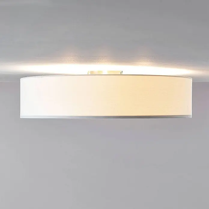 Lindby Deckenleuchte Gordana - L x B x H: 57 x 57 x 15 cm, weiß / opal, E27 - Weiße Stoff-Deckenleuchte in Trommelform, halb bündig, strahlt warmes Licht ab.