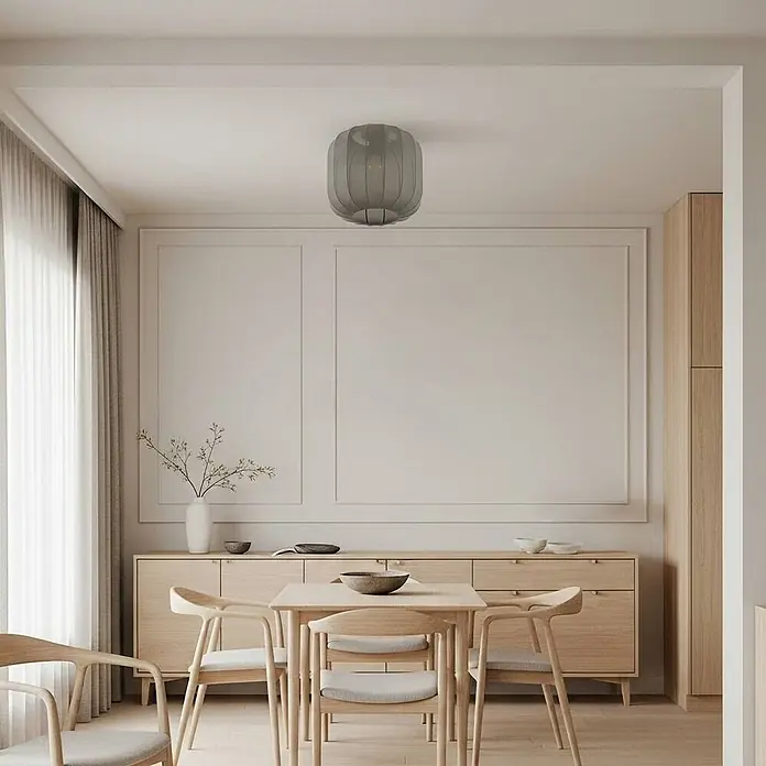 Lindby Deckenleuchte Helin - alu / grau / zink, E27 - Graue gerippte Deckenleuchte, die einen modernen Essbereich über einem Holztisch beleuchtet.