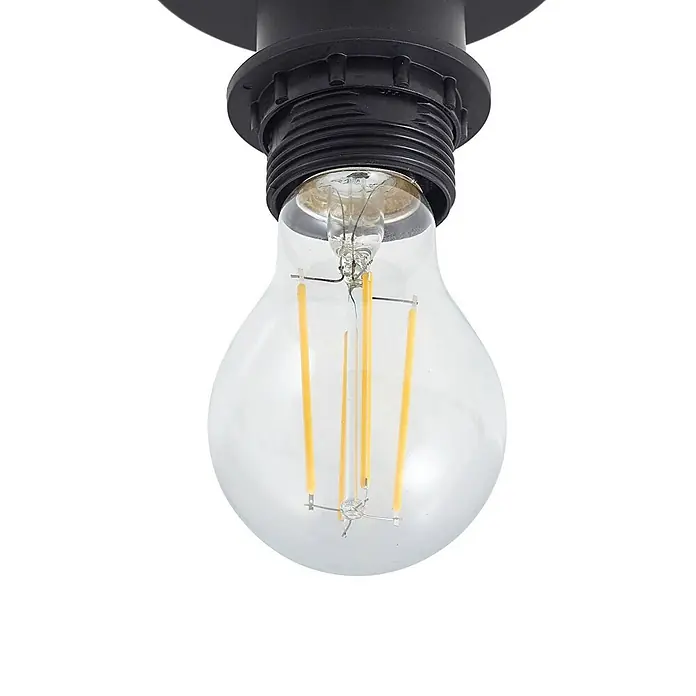 Lindby Deckenleuchte Helin - alu / grau / zink, E27 - Klare LED-Glühbirne mit sichtbaren gelben Filamenten, in eine schwarze Gewindefassung geschraubt.