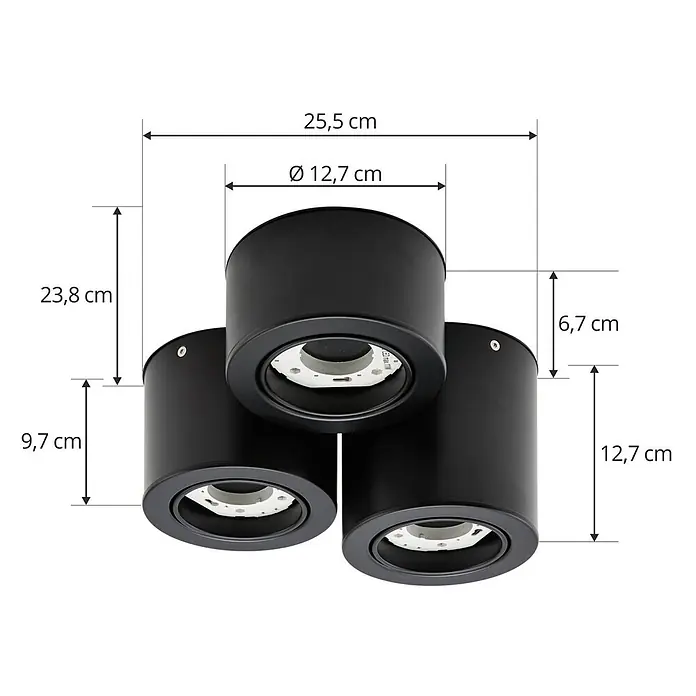 Lindby Deckenlampe in schwarz matt, Deckenleuchte -  - Drei schwarze zylindrische LED-Deckenstrahler mit Maßangaben.