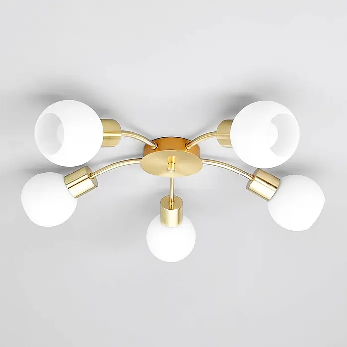 Lindby Deckenleuchte Elaina - messing / gold, E14 - Goldene Deckenleuchte mit fünf weißen Glaskugelschirmen.