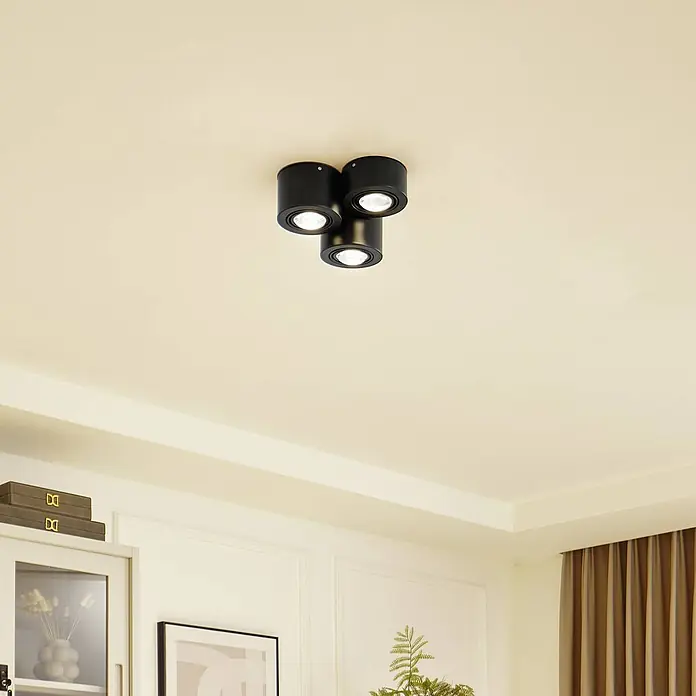 Lindby Deckenlampe in schwarz matt, Deckenleuchte -  - Schwarze Deckenleuchte mit drei zylindrischen Strahlern, an einer Decke montiert.