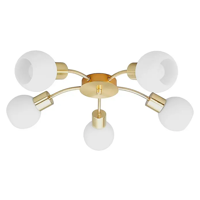 Lindby Deckenleuchte Elaina - messing / gold, E14 - Goldfarbene Deckenleuchte mit fünf Armen und weißen, mattierten Kugelgläsern.
