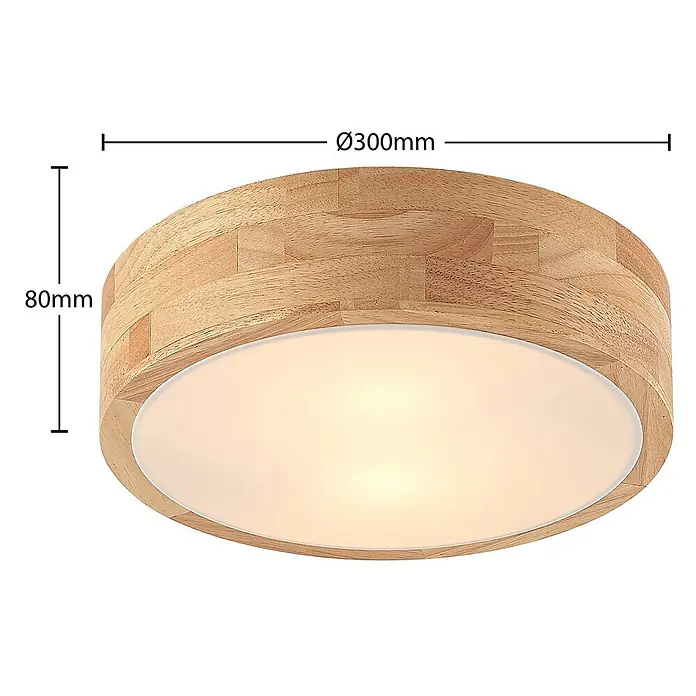 Lindby Deckenleuchte Tanju - Holz hell, E27 - Runde Deckenleuchte mit hellem Holzrahmen und weißem Diffusor, Ø300mm Durchmesser, 80mm Höhe.
