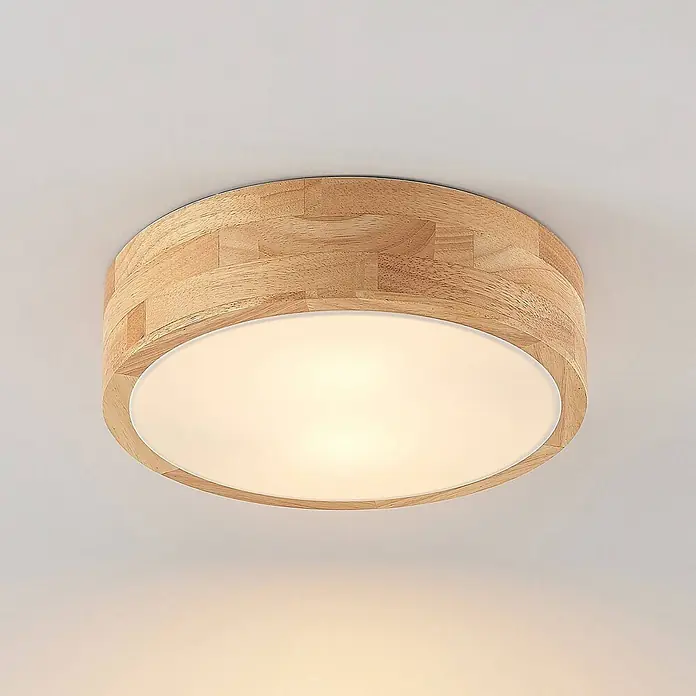 Lindby Deckenleuchte Tanju - Holz hell, E27 - Runde Deckenleuchte mit hellem Holzrahmen und leuchtendem weißem Diffusor.