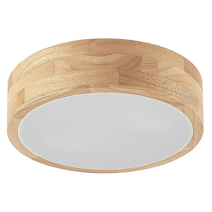 Lindby Deckenleuchte Tanju - Holz hell, E27 - Runde Deckenleuchte mit hellem Holzrahmen und weißem Diffusor.