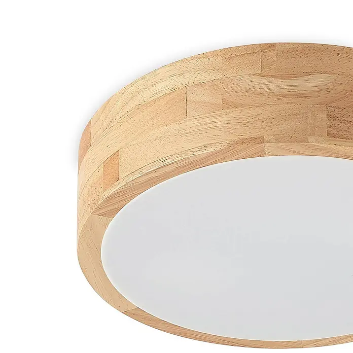 Lindby Deckenleuchte Tanju - Holz hell, E27 - Runde Deckenleuchte mit hellem Holzrahmen und weißem Diffusor.