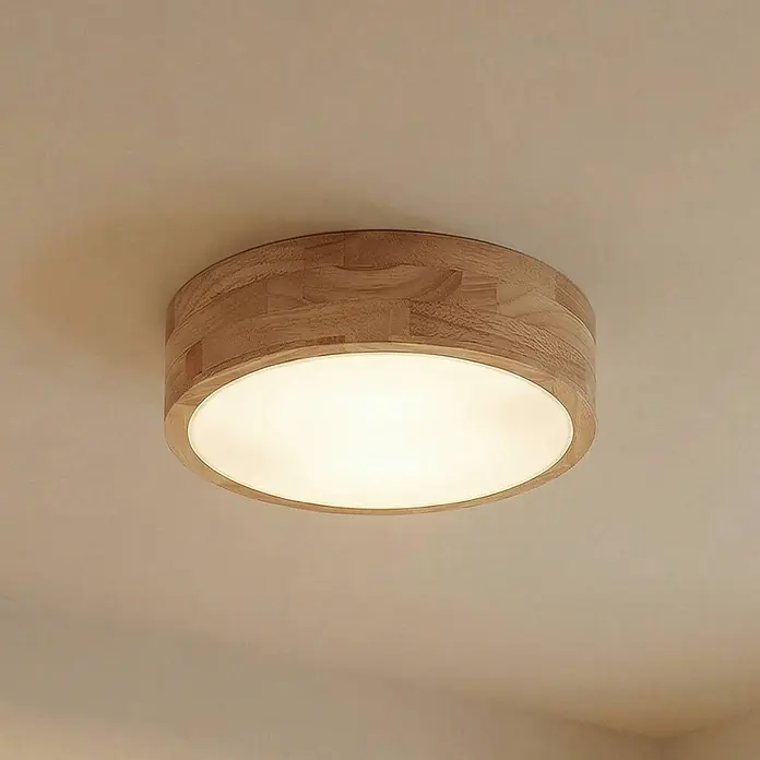 Lindby Deckenleuchte Tanju - Holz hell, E27 - Runde Deckenleuchte aus Holz mit weißem Diffusor.