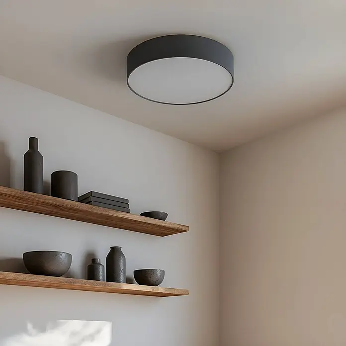 Lindby Deckenleuchte Sebatin - alu / grau / zink, alu / grau / zink, E27 - Dunkelgraue zylindrische Deckenleuchte mit weißem Diffusor, beleuchtet einen Raum mit Holzregalen.