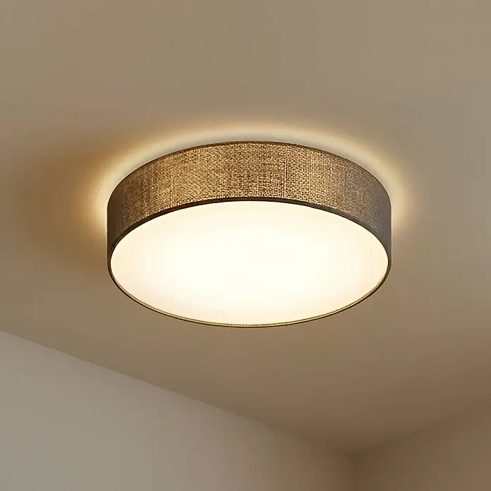 Lindby Deckenleuchte Sebatin - alu / grau / zink, alu / grau / zink, E27 - Runde Deckenleuchte mit dunklem Stoffschirm und weißem Diffusor, leuchtet und wirft warmes Licht an die Decke.