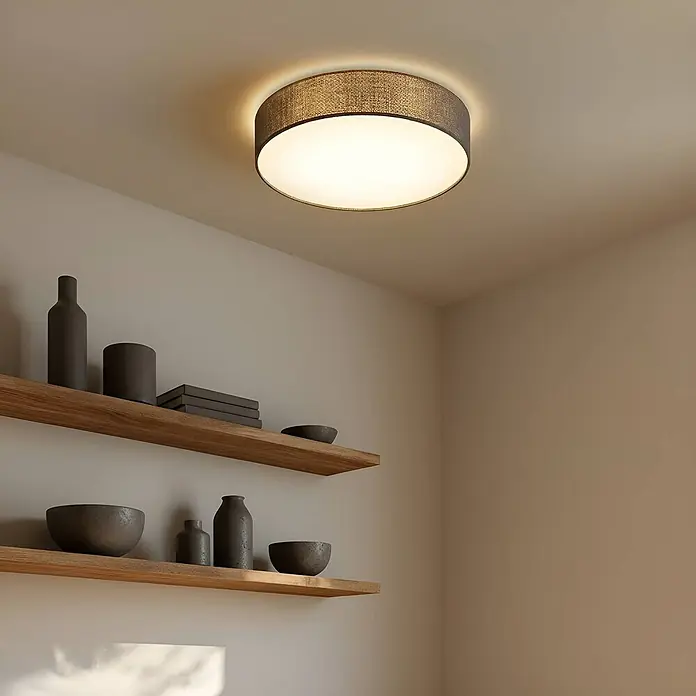 Lindby Deckenleuchte Sebatin - alu / grau / zink, alu / grau / zink, E27 - Runde Deckenleuchte mit dunkelgrauem Stoffschirm und weißem Diffusor, an der Decke montiert, spendet warmes Licht.