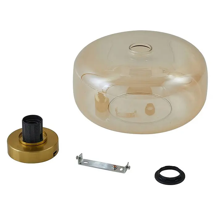 Lindby Deckenleuchte Hildur - creme / amber, E27 - Bestandteile einer Pendelleuchte: bernsteinfarbener Glasschirm, Messingfassung, Metallhalterung und schwarzer Ring.
