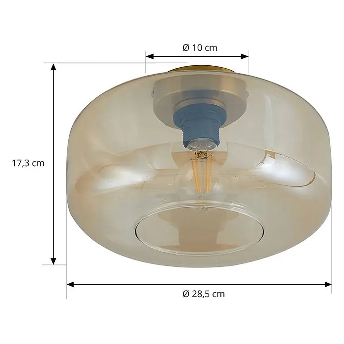 Lindby Deckenleuchte Hildur - creme / amber, E27 - Bernsteinfarbene Deckenleuchte aus Glas mit messingfarbenem Sockel und sichtbarer Glühbirne.