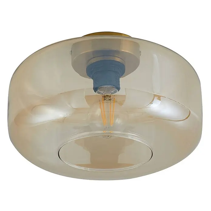 Lindby Deckenleuchte Hildur - creme / amber, E27 - Deckenleuchte mit bernsteinfarbenem Glaskugel, Messingsockel und sichtbarer LED-Glühbirne.