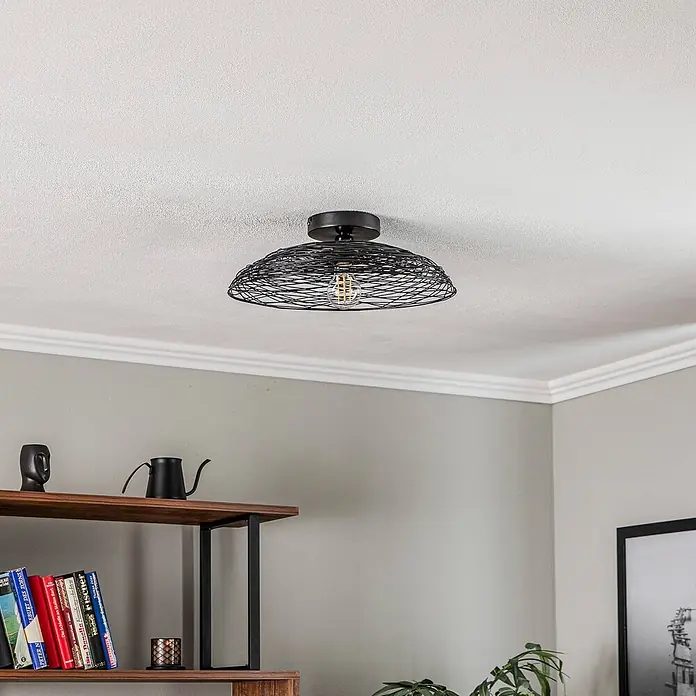 Lindby Deckenleuchte Thorian - schwarz, E27 - Schwarze Deckenleuchte aus Metalldraht mit offener Edison-Glühbirne.