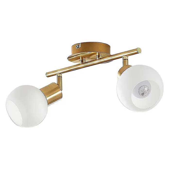 Lindby Deckenleuchte Elaina - messing / gold, E14 - Goldfarbene Deckenleuchte mit zwei schwenkbaren Strahlern und mattweißen Glasdiffusoren.
