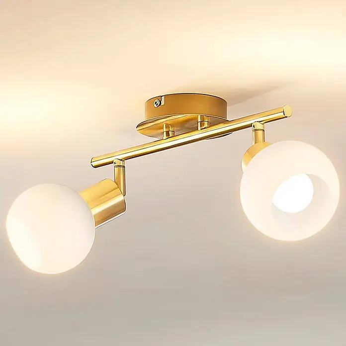 Lindby Deckenleuchte Elaina - messing / gold, E14 - Goldener Deckenstrahler mit zwei mattweißen Glaskugeln.