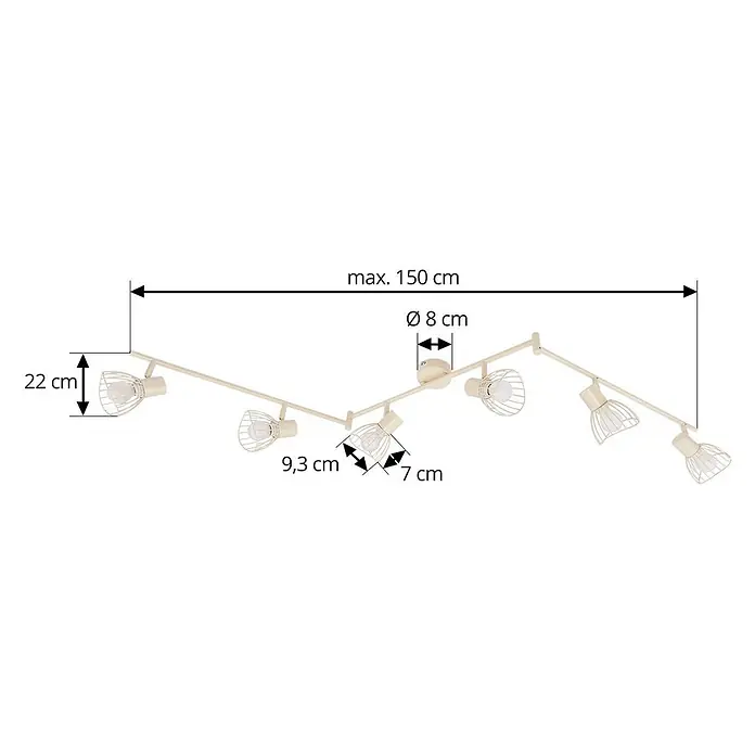 Lindby Deckenleuchte Piena - L x B x H: 150 x 9,3 x 22 cm, creme / amber, creme / amber, E14 - Cremefarbene, flexible Schienenleuchte mit sechs verstellbaren Strahlern, jeder mit Drahtkäfigschirm. Max. 150cm breit.