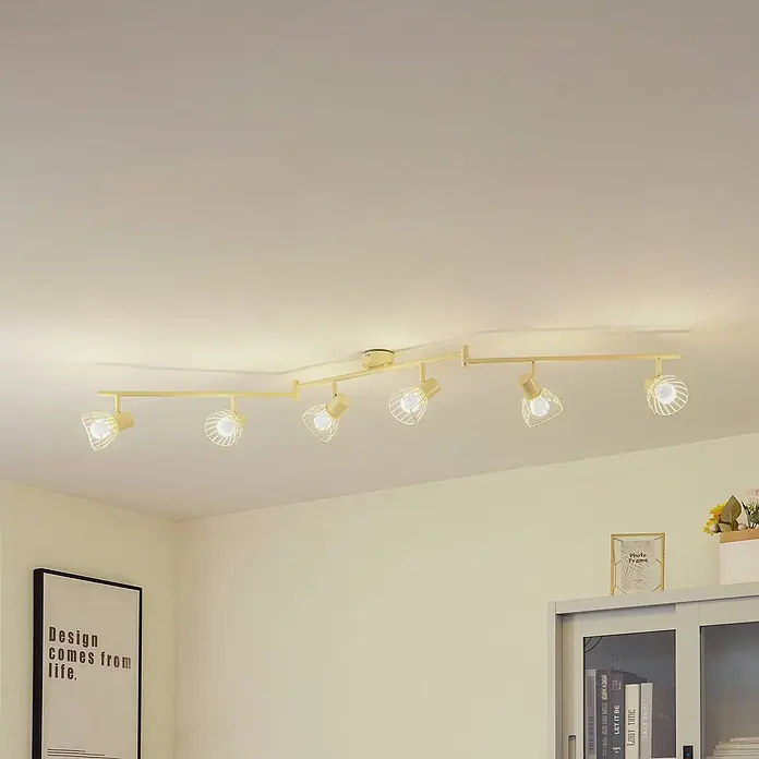 Lindby Deckenleuchte Piena - L x B x H: 150 x 9,3 x 22 cm, creme / amber, creme / amber, E14 - Cremefarbene Deckenleuchte mit linearem Schienensystem und sechs verstellbaren Strahlern im Käfigdesign.
