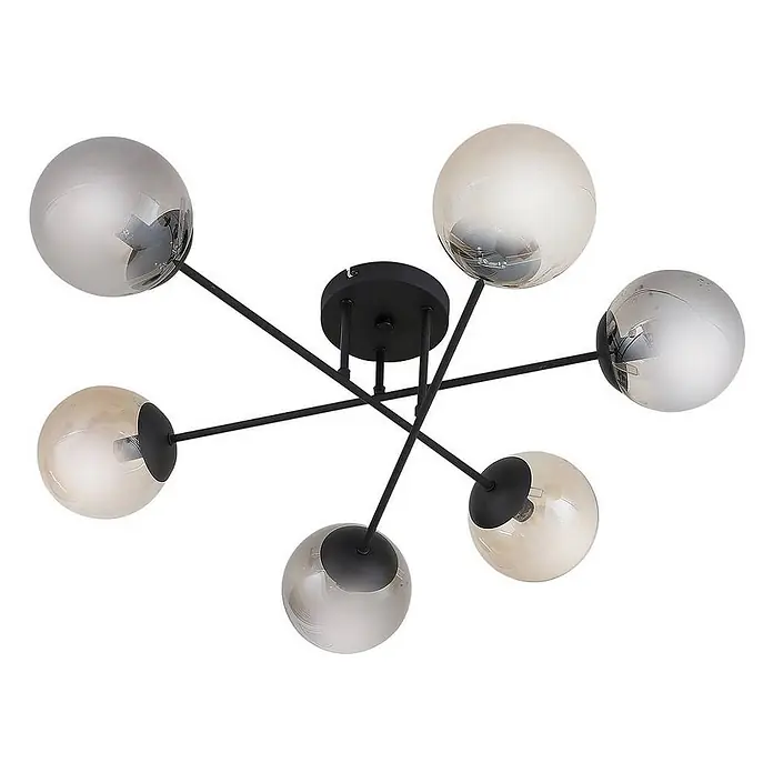 Lindby Deckenleuchte Isamer - schwarz, alu / grau / zink, E14 - Moderne schwarze Deckenleuchte mit sechs kugelförmigen Glaslampenschirmen, abwechselnd verspiegelt und durchscheinend bernsteinfarben.