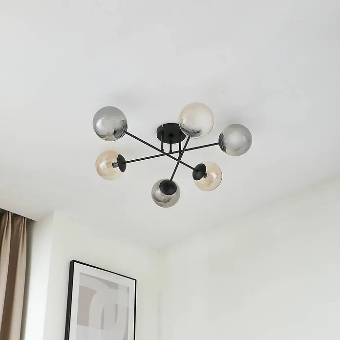 Lindby Deckenleuchte Isamer - schwarz, alu / grau / zink, E14 - Moderne schwarze Deckenleuchte mit sechs kugelförmigen Glasschirmen (klar und rauchgrau).