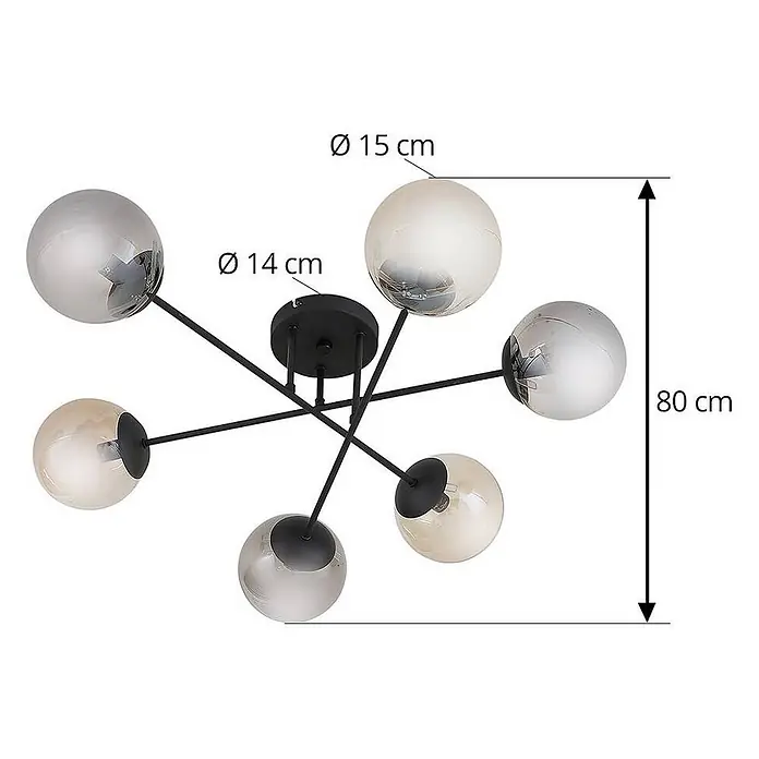 Lindby Deckenleuchte Isamer - schwarz, alu / grau / zink, E14 - Moderne schwarze Deckenleuchte mit sechs kugelförmigen Schirmen (14-15cm Durchmesser), drei silber und drei bernsteinfarben, Gesamthöhe 80 cm.