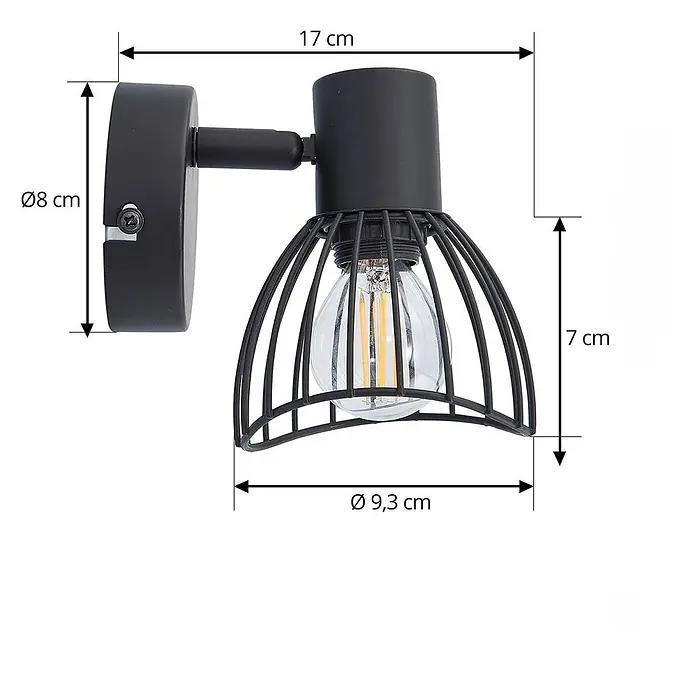 Lindby Deckenleuchte Piena - schwarz, schwarz, E14 - Schwarze Metall-Wandleuchte mit Käfigschirm und sichtbarer LED-Glühlampe.