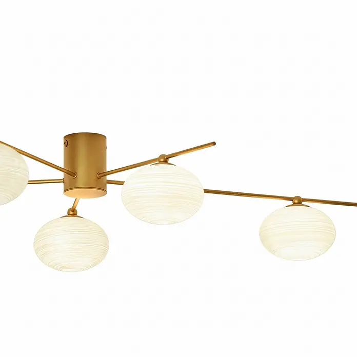 Lindby Deckenleuchte Valisa - L x B x H: 72,7 x 52,9 x 15 cm, messing / gold, G9 - Goldene Deckenleuchte aus Metall mit mehreren Armen und gemusterten kugelförmigen Glasschirmen.