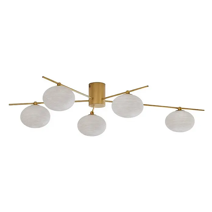Lindby Deckenleuchte Valisa - L x B x H: 72,7 x 52,9 x 15 cm, messing / gold, G9 - Moderne Deckenleuchte mit goldenem Messing-Finish und fünf strukturierten, weißen Glaskugeln.