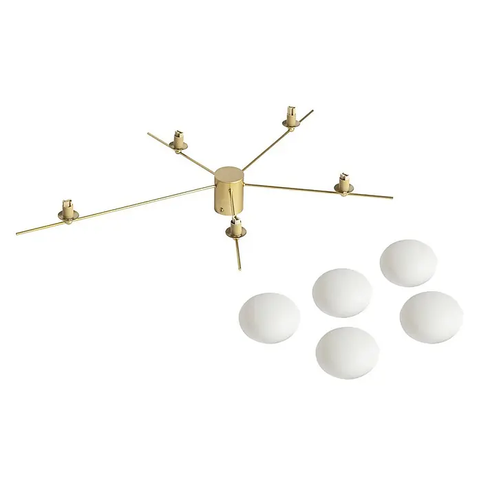 Lindby Deckenleuchte Valisa - L x B x H: 72,7 x 52,9 x 15 cm, messing / gold, G9 - Goldfarbene Kronleuchterfassung mit fünf Armen und Fassungen, dazu fünf weiße Glaskugelschirme.