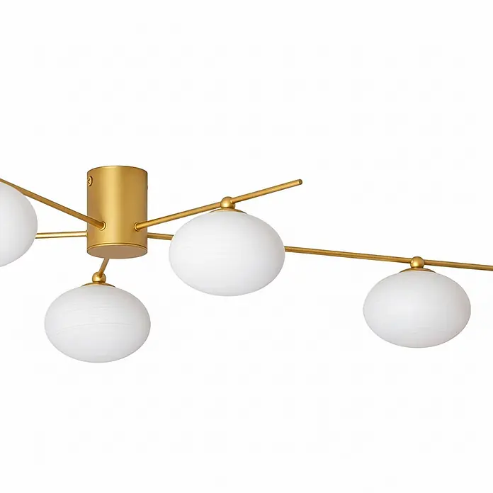 Lindby Deckenleuchte Valisa - L x B x H: 72,7 x 52,9 x 15 cm, messing / gold, G9 - Goldene Deckenleuchte mit mehreren weißen Kugelglasschirmen.