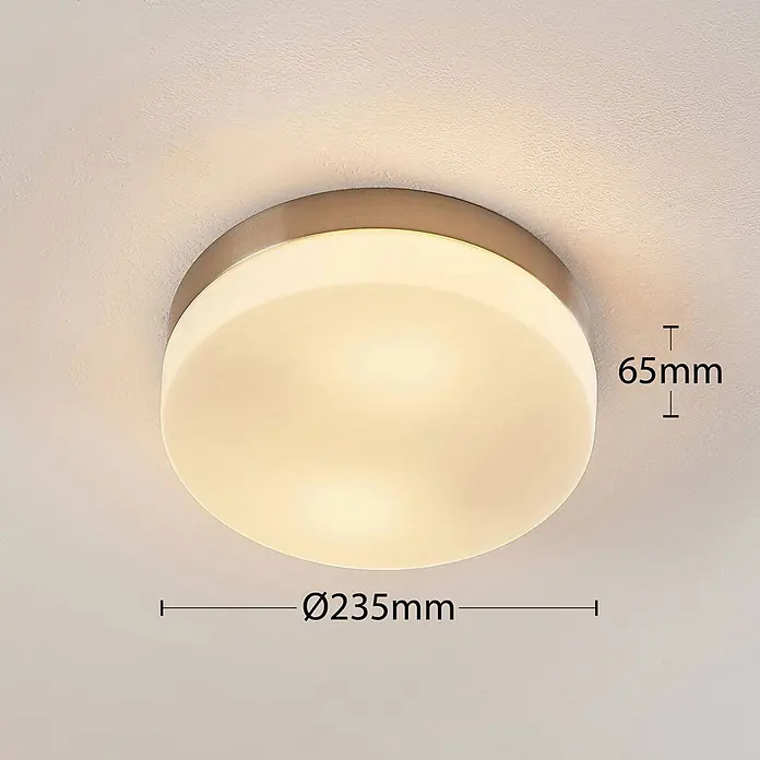 Lindby Deckenleuchte Amilia - alu / grau / zink, E27 - Runde Deckenleuchte mit bronzefarbenem Sockel und weißem Diffusor, an Decke montiert. Ø 235mm, H 65mm.