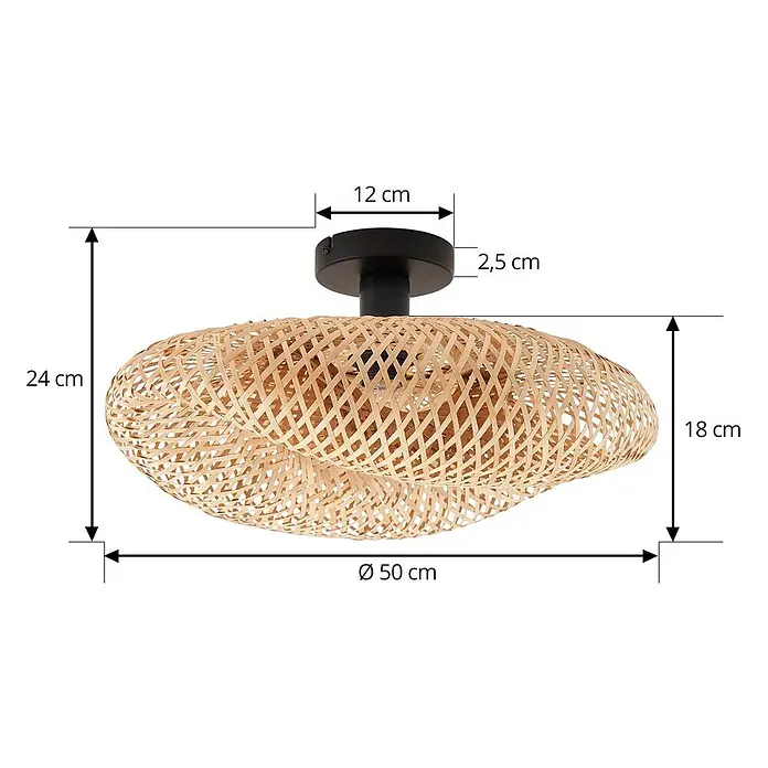 Lindby Deckenleuchte Eleane - Holz hell, E27 - Deckenleuchte aus Bambusgeflecht, Ø 50 cm, 24 cm Höhe.