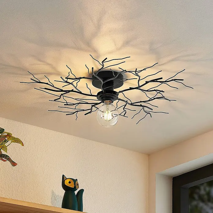 Lindby Deckenleuchte Vetki - L x B x H: 60 x 60 x 9 cm, schwarz, E27 - Schwarze Deckenleuchte aus Metall im Ast-Design mit transparenter Kugelbirne, die dekorative Schatten an die Decke wirft.