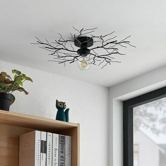 Lindby Deckenleuchte Vetki - L x B x H: 60 x 60 x 9 cm, schwarz, E27 - Schwarze Deckenleuchte im Ast-Design mit sichtbarer Edison-Glühbirne.