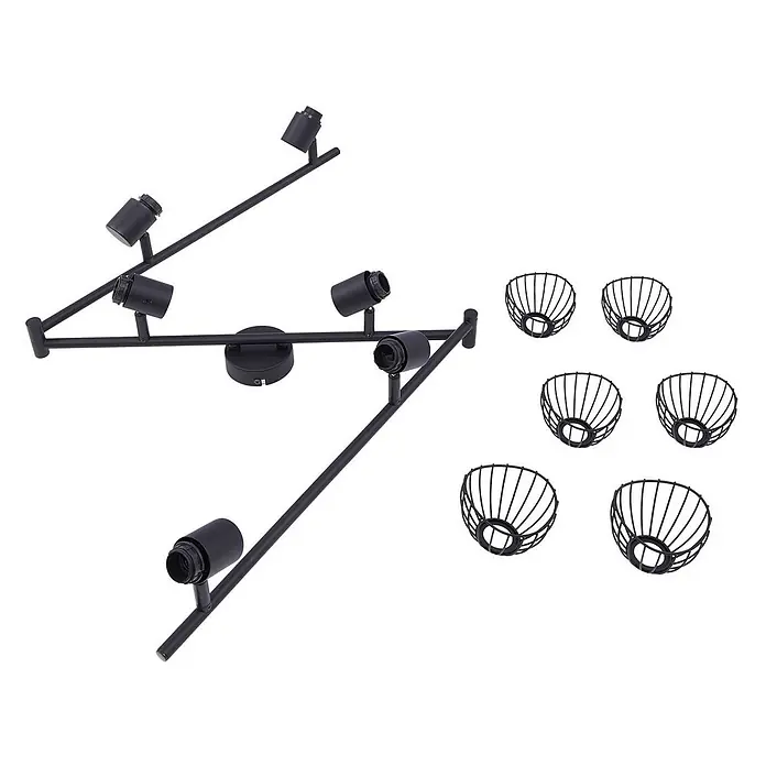 Lindby Deckenleuchte Piena - L x B x H: 150 x 9,3 x 22 cm, schwarz, schwarz, E14 - Schwarze Metall-Deckenleuchte mit sechs verstellbaren Strahlern und sechs separaten Drahtlampenschirmen aus Metall.