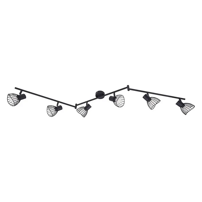 Lindby Deckenleuchte Piena - L x B x H: 150 x 9,3 x 22 cm, schwarz, schwarz, E14 - Schwarze Metall-Schienenleuchte mit sechs verstellbaren Strahlern, jeweils mit Drahtkäfig-Schirm.