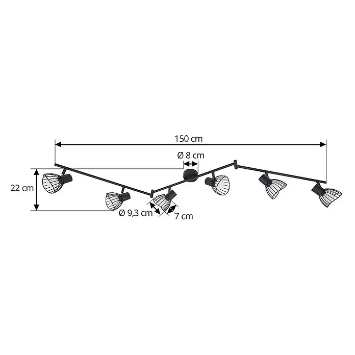Lindby Deckenleuchte Piena - L x B x H: 150 x 9,3 x 22 cm, schwarz, schwarz, E14 - Schwarze Metall-Schienenleuchte, 150 cm lang, mit 6 verstellbaren Strahlern und Käfigschirmen, 22 cm hoch.