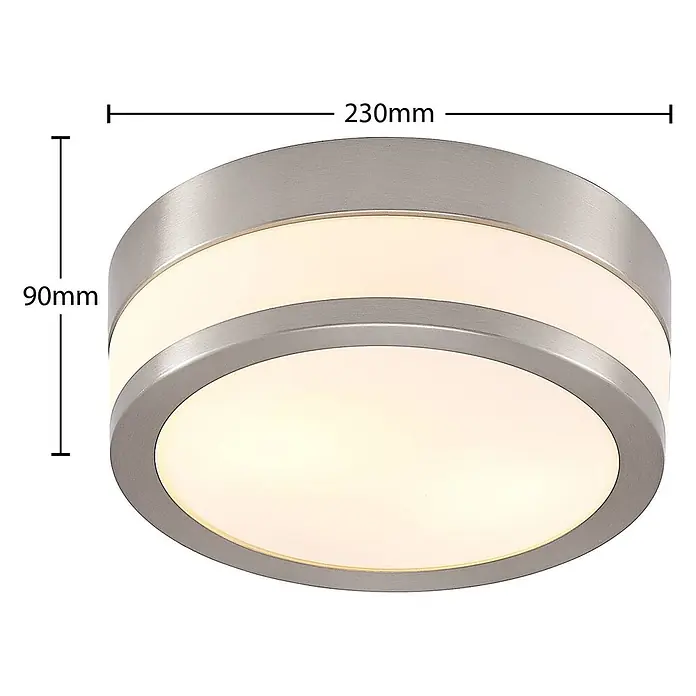 Lindby Deckenleuchte Flavi - L x B x H: 23 x 23 x 9 cm, alu / grau / zink, E27 - Runde LED-Deckenleuchte mit gebürstetem Metallrahmen und weißem Diffusor, 230mm Durchmesser, 90mm Höhe.