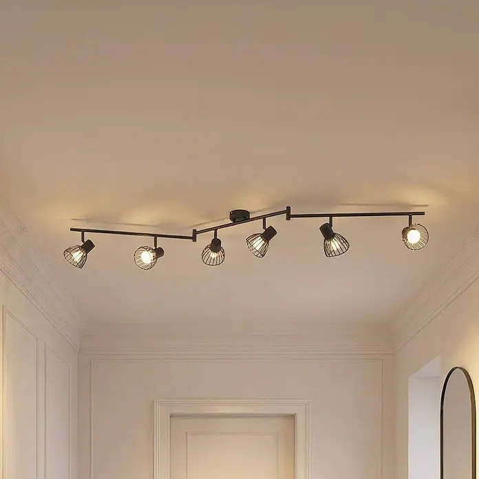 Lindby Deckenleuchte Piena - L x B x H: 150 x 9,3 x 22 cm, schwarz, schwarz, E14 - Schwarzes Metall-Stromschienensystem mit sechs Käfig-Strahlern an der Decke.
